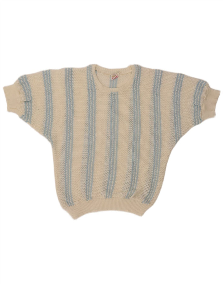 VINTAGE Dame Boat Neck Jumper Sweater UK 12 Medium Off White Stribet
