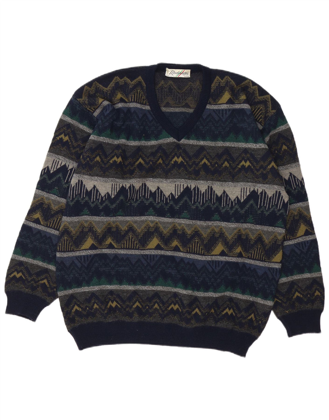 MODANGO Herre V-hals sweater Stor marineblå geometrisk akryl