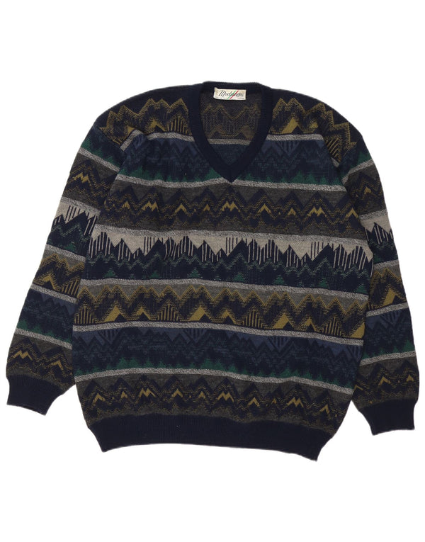 MODANGO Herre V-hals sweater Stor marineblå geometrisk akryl