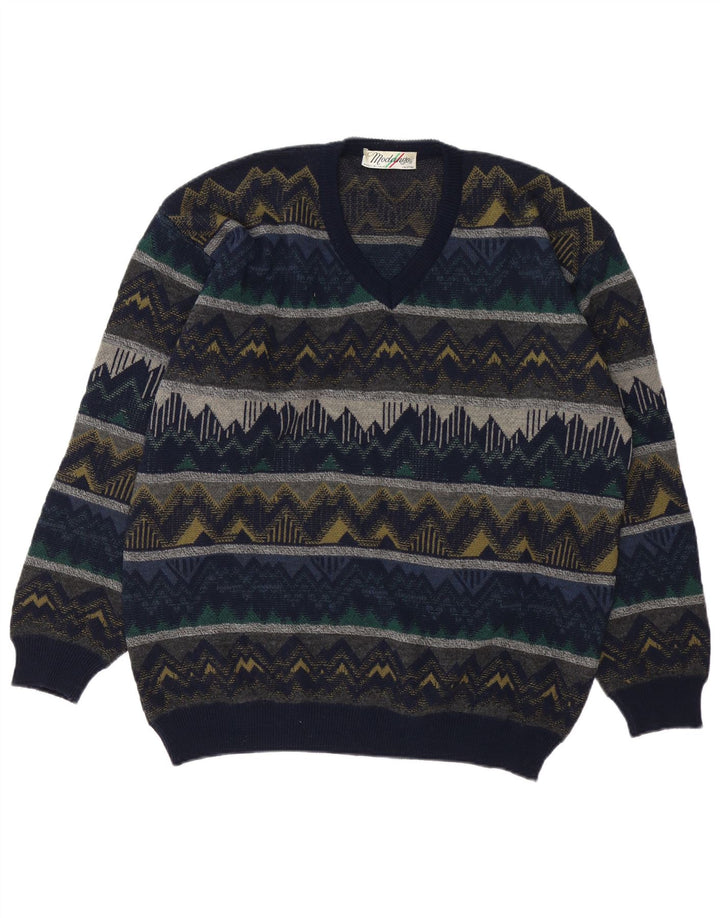 MODANGO Herre V-hals sweater Stor marineblå geometrisk akryl