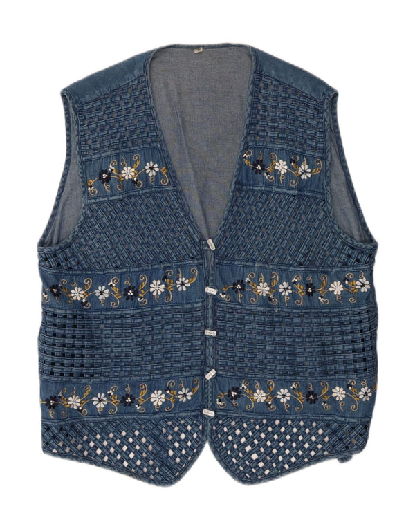 Vintage damevest UK 22 3XL blå blomster bomuld