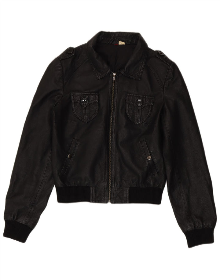 H&M Womens Crop Military Læderjakke UK 12 Medium Sort Læder