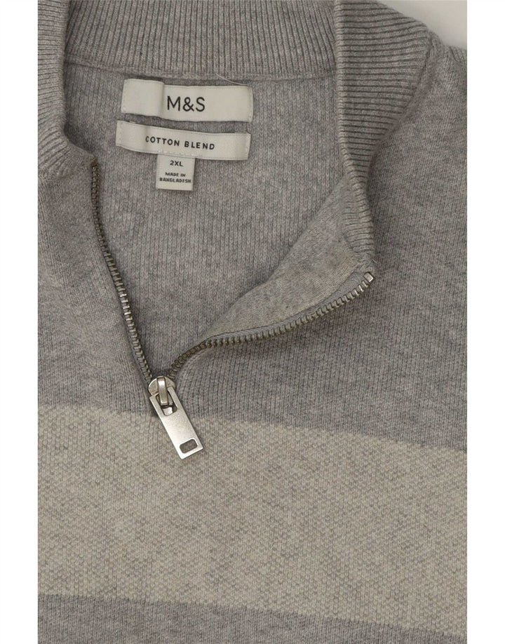 Marks & Spencer Herre Zip Neck Jumper Sweater 2XL Grå Stribet Bomuld