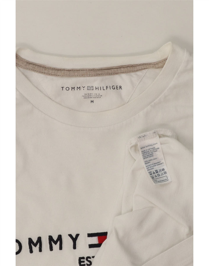 TOMMY HILFIGER Mens Graphic T-Shirt Top Medium White Cotton Vintage Tommy Hilfiger and Second-Hand Tommy Hilfiger from Messina Hembry 