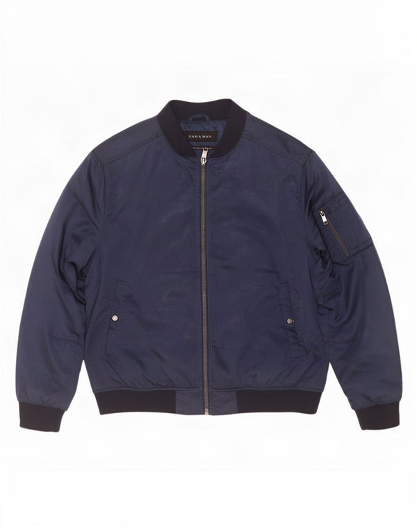 Zara Mens Bomber Jacket UK 44 2XL Navy Blue Colourblock Polyester