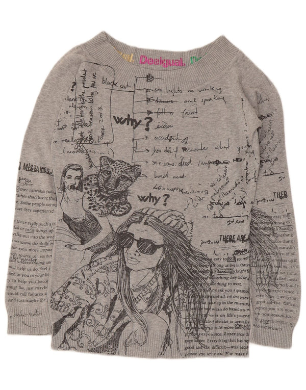 Desigual Dame Grafisk Boat Neck Jumper Sweater UK 14 Stor Grå Bomuld