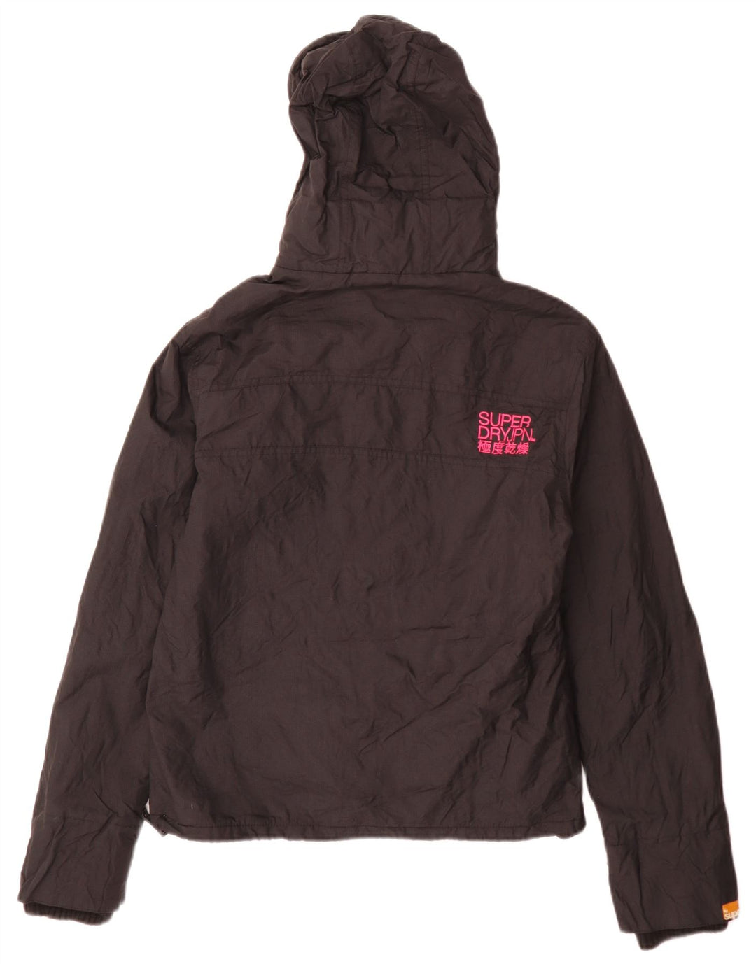 Superdry vindjakkejakke med hætte til kvinder UK 16 Stor sort nylon