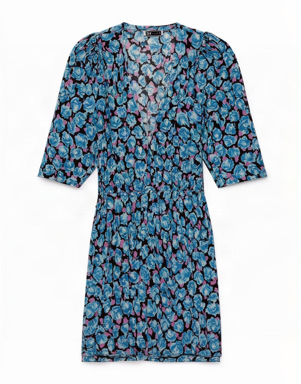 Zara Dame 3/4 ærmer Skede Kjole UK 8 Small Blue Floral