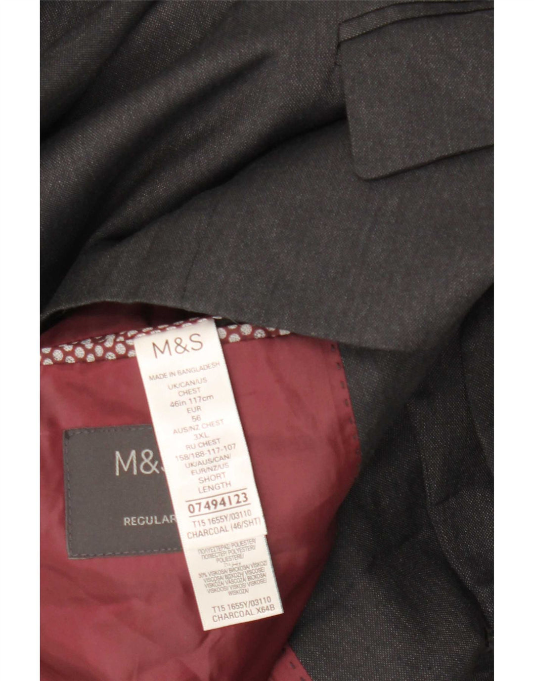 Marks & Spencer Herre kort blazerjakke med 2 knapper UK 46 3XL Grå Polyester