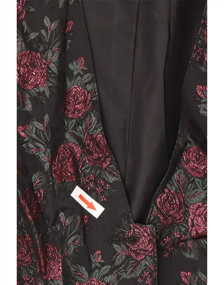 Vintage Dame 3-knaps blazerjakke UK 16 Large Black Floral Acetate