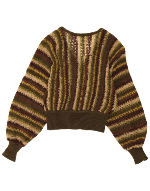 Vintage Dame se Gennem V-hals Jumper Sweater UK 14 Stor Khaki stribet