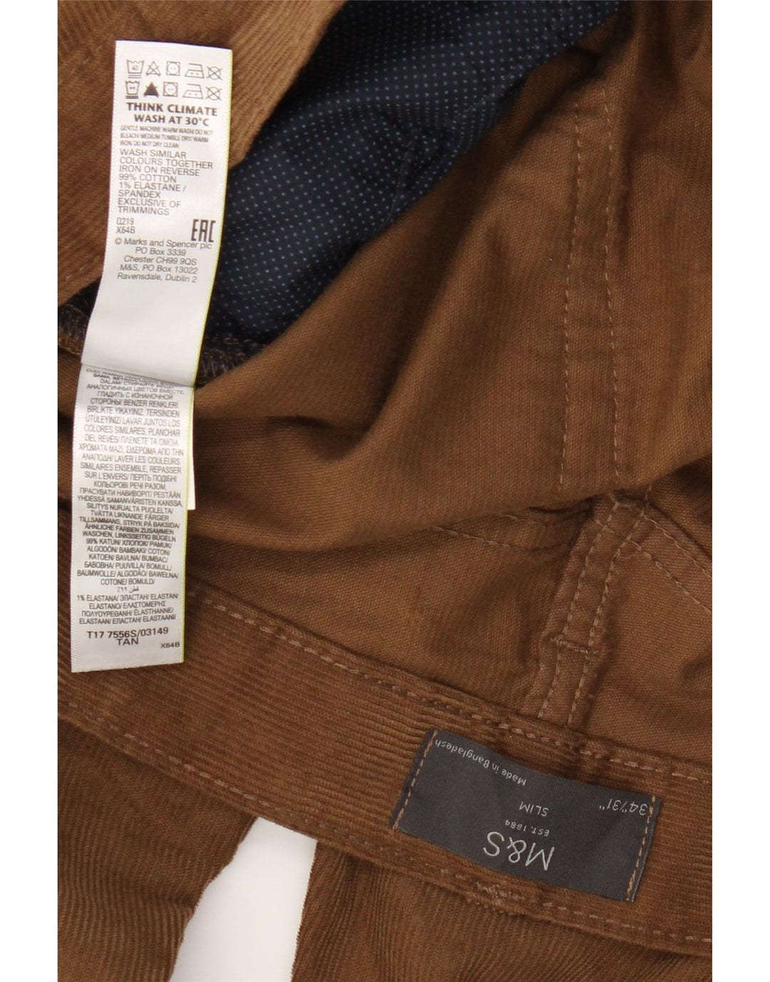 Marks & Spencer Herre Slim Corduroy Bukser W34 L31 Brun Bomuld