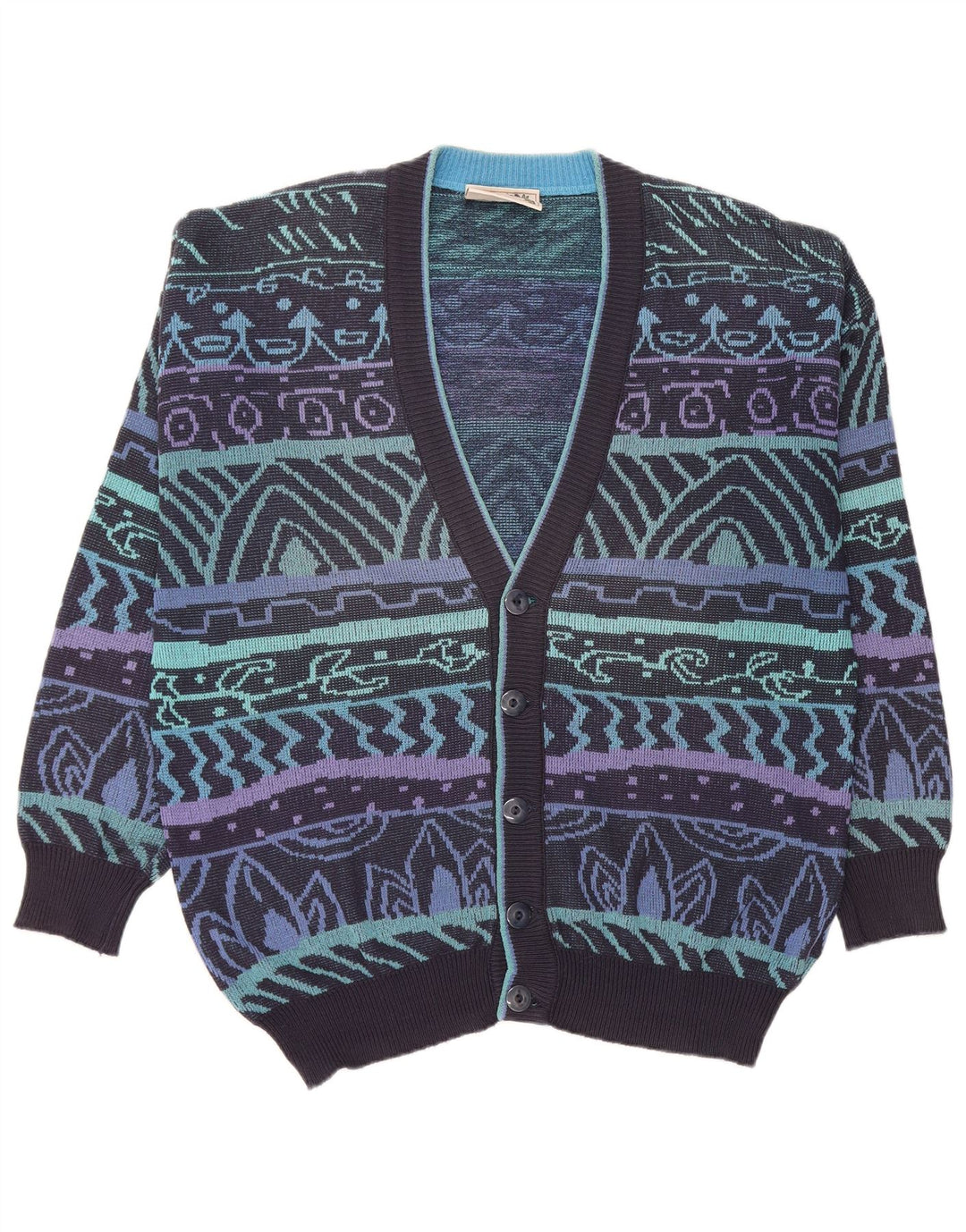 JAC Herre Cardigan Sweater IT 52 Stor Marineblå Geometrisk Bomuld