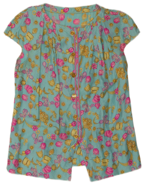 Vintage kvinders kortærmet skjortebluse UK 10 Small Turkis Floral