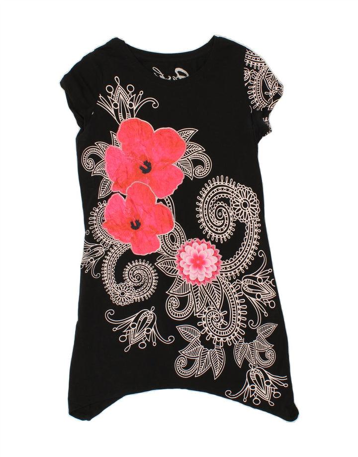 VINTAGE Womens Graphic Tunic Top UK 12 Medium Black Floral Vintage Vintage and Second-Hand Vintage from Messina Hembry 