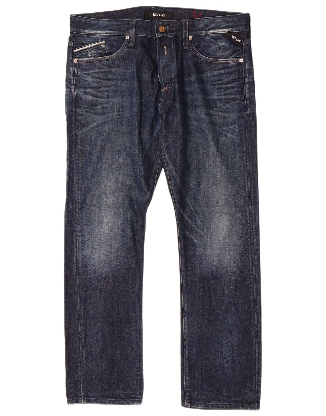 Replay Herre Distressed Straight Jeans W34 L31 Blå Bomuld