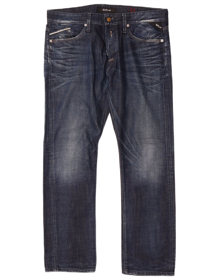 Replay Herre Distressed Straight Jeans W34 L31 Blå Bomuld