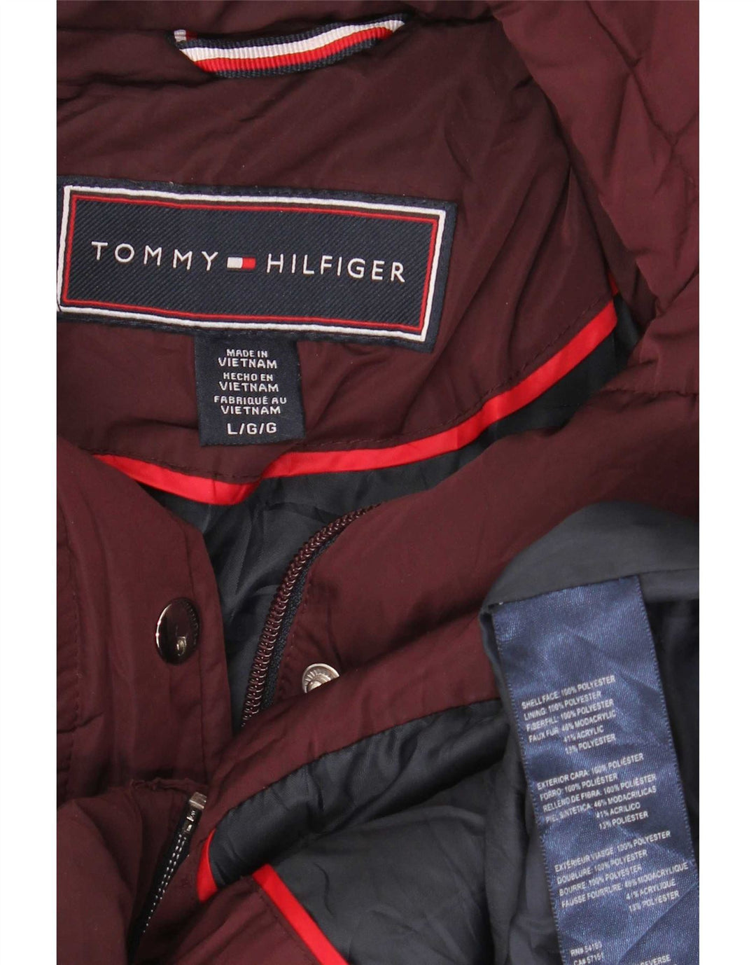 Tommy Hilfiger Dame Hætte Polstret Jakke UK 16 Large Burgundy Polyester