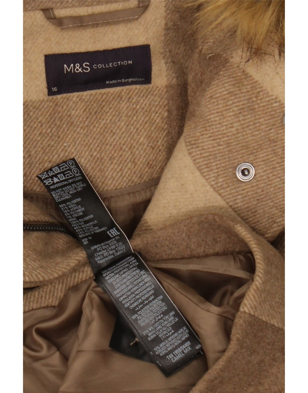 MARKS & SPENCER Duffle Coat med hætte til kvinder UK 16 Stor brun ternet