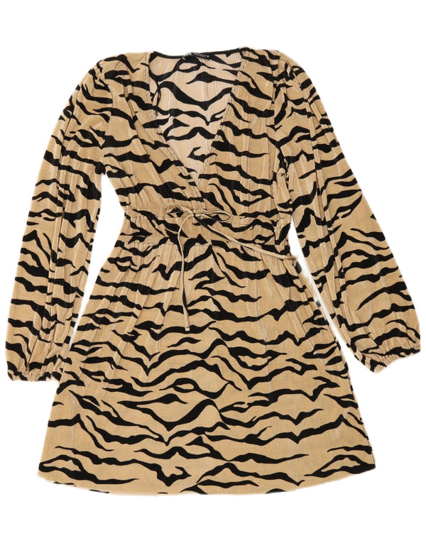 Zara Dame Langærmet A-Line Kjole UK 12 Medium Beige Animal Print