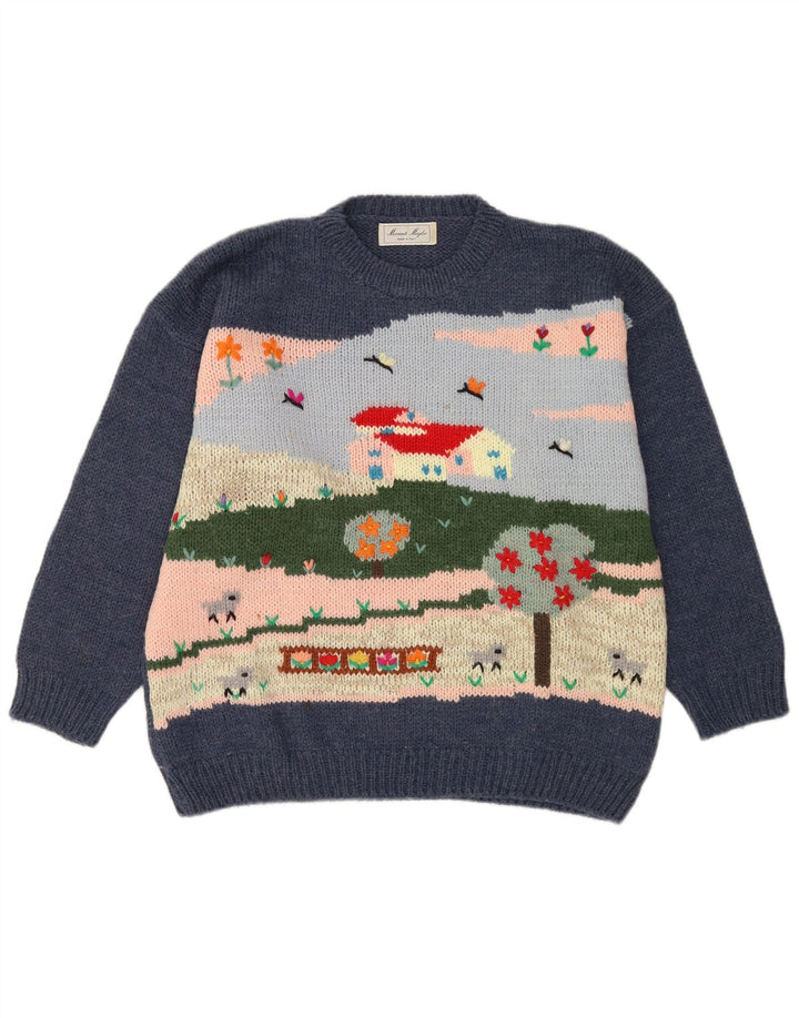 Vintage Herre grafisk rund hals sweater stor marineblå uld