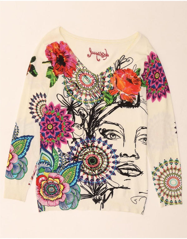 Desigual Dame Grafisk V-hals Jumper Sweater UK 14 Large White Floral