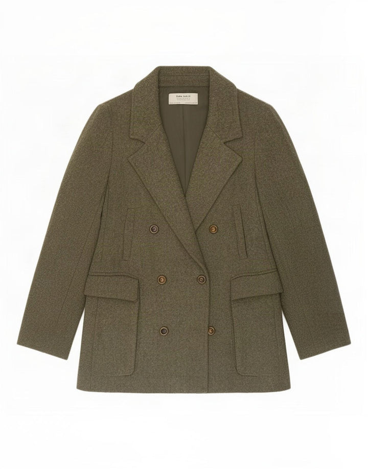 Zara Dame Dobbeltradet Frakke UK 12 Medium Khaki Polyester