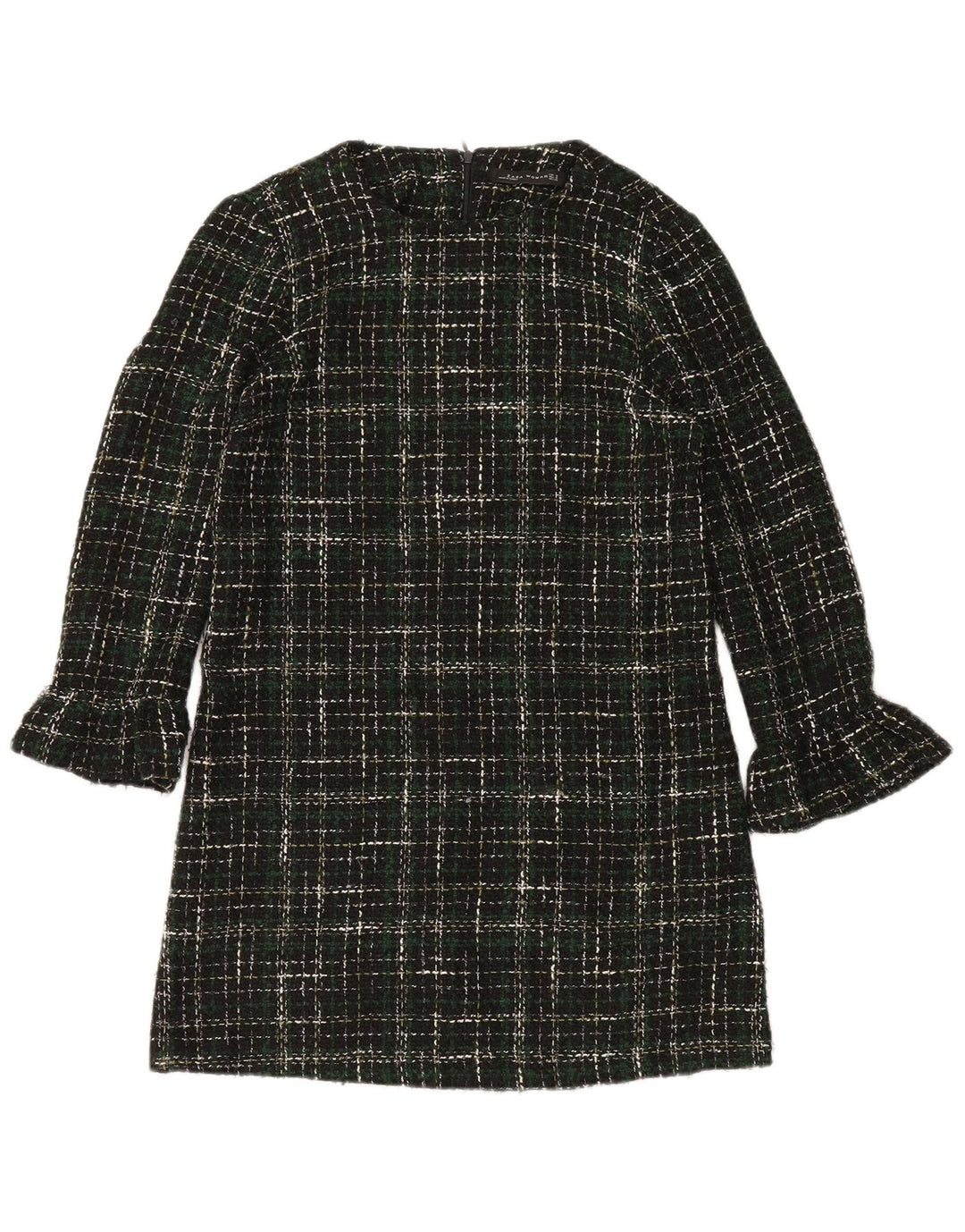 Zara Dame Langærmet Skift Kjole UK 14 Medium Grøn Ternet Akryl