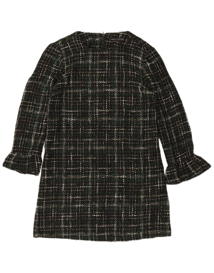 Zara Dame Langærmet Skift Kjole UK 14 Medium Grøn Ternet Akryl