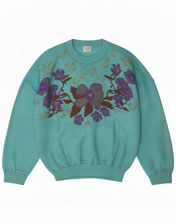 Vintage Dame sweater med rund hals DK 18 XL Turkis Blomster