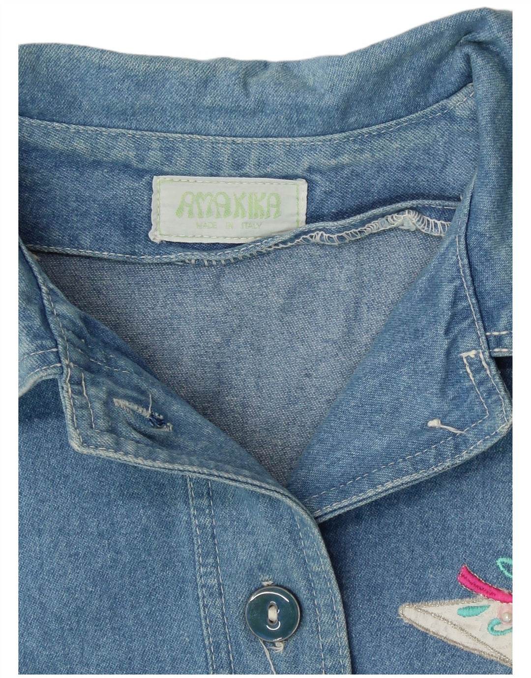 Vintage kvinders grafisk denimjakke UK 12 Medium Blue