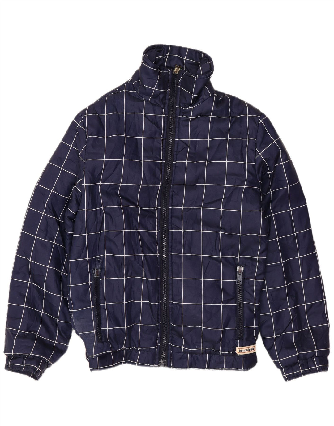 VINTAGE Womens Bomber Jacket UK 14 Large Navy Blue Check