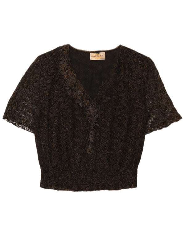Vintage Dame Bluse Top UK 16 Large Black Floral
