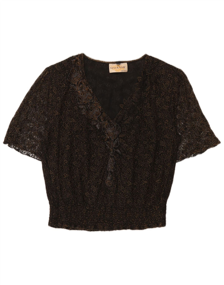 Vintage Dame Bluse Top UK 16 Large Black Floral