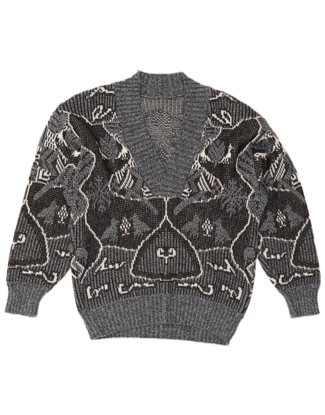 Vintage Dame V-hals sweater IT 48 XL Grå Fair Isle Polyacryl