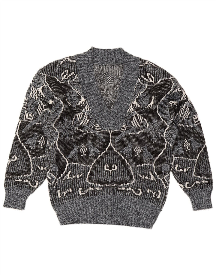 Vintage Dame V-hals sweater IT 48 XL Grå Fair Isle Polyacryl