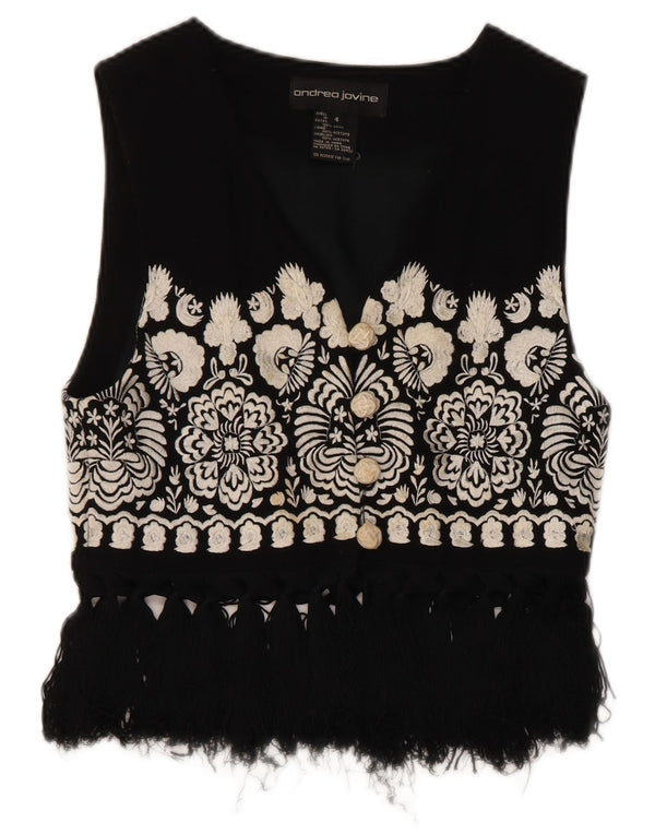 Vintage damevest UK 4 Lille sort blomstret uld