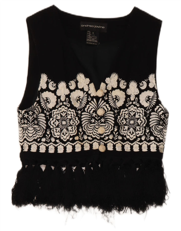 Vintage damevest UK 4 Lille sort blomstret uld