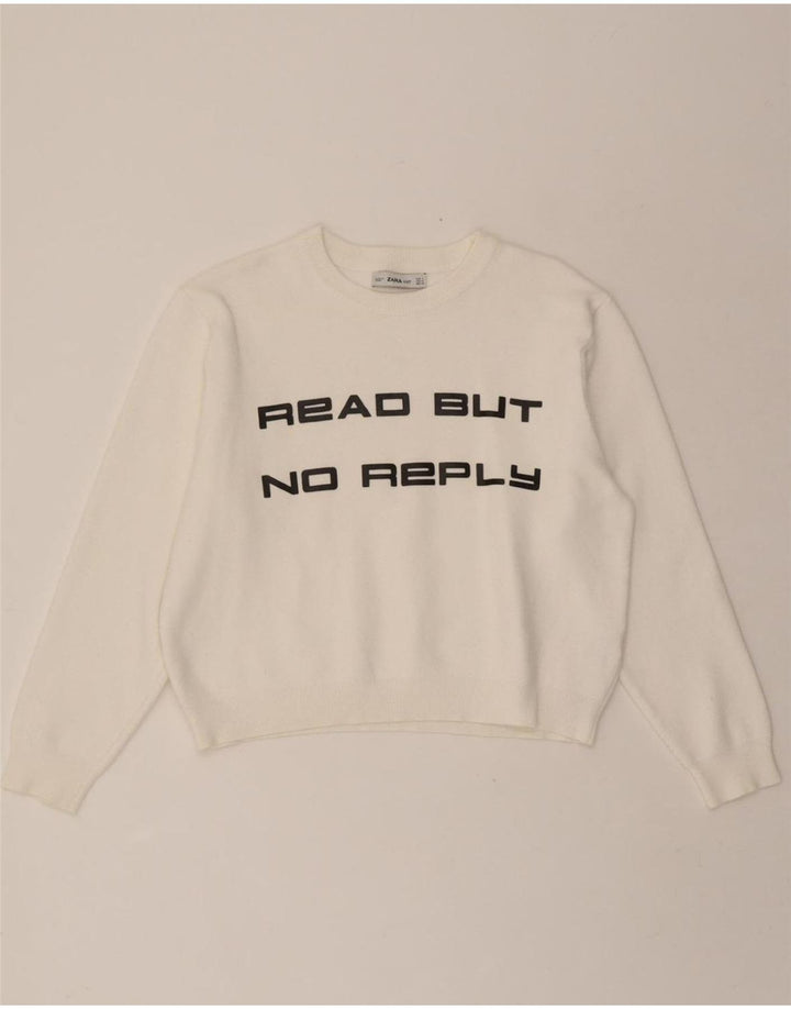 ZARA Womens Oversized Graphic Boat Neck Jumper Sweater UK 10 Small White Vintage Zara and Second-Hand Zara from Messina Hembry 