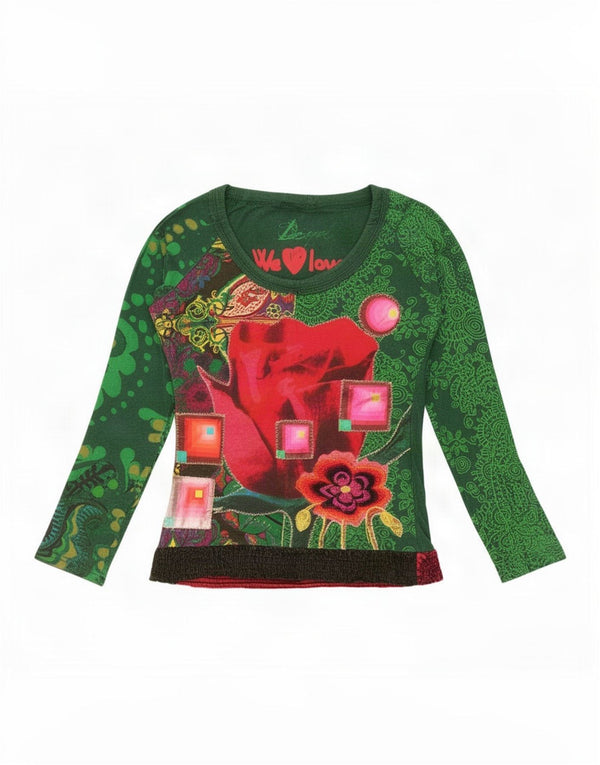 Desigual Womens Graphic Top Long Sleeve UK 10 Small Green Floral Cotton