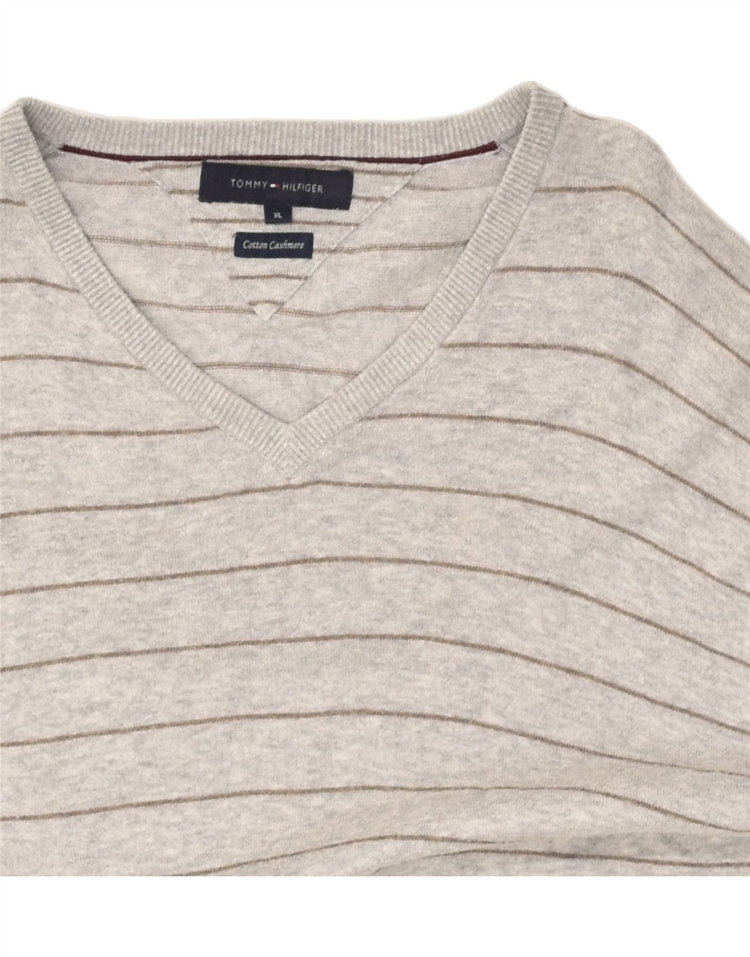TOMMY HILFIGER Mens V-Neck Jumper Sweater XL Grey Striped Cotton | Vintage Tommy Hilfiger | Thrift | Second-Hand Tommy Hilfiger | Used Clothing | Messina Hembry 