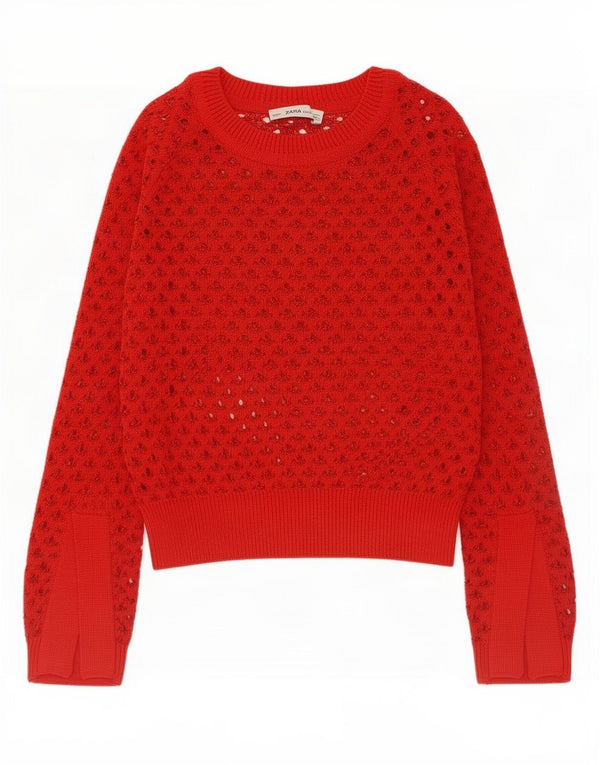 Zara Dame Hæklet Boat Neck Jumper Sweater UK 14 Medium Rød Bomuld