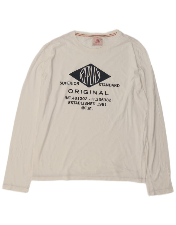 REPLAY Herre grafisk top langærmet stor hvid bomuld