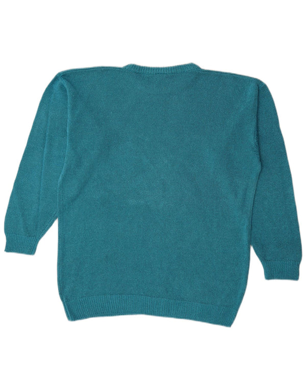 Vintage Kvinders Grafisk Oversized Boat Neck Jumper Sweater UK 14 Medium Blue