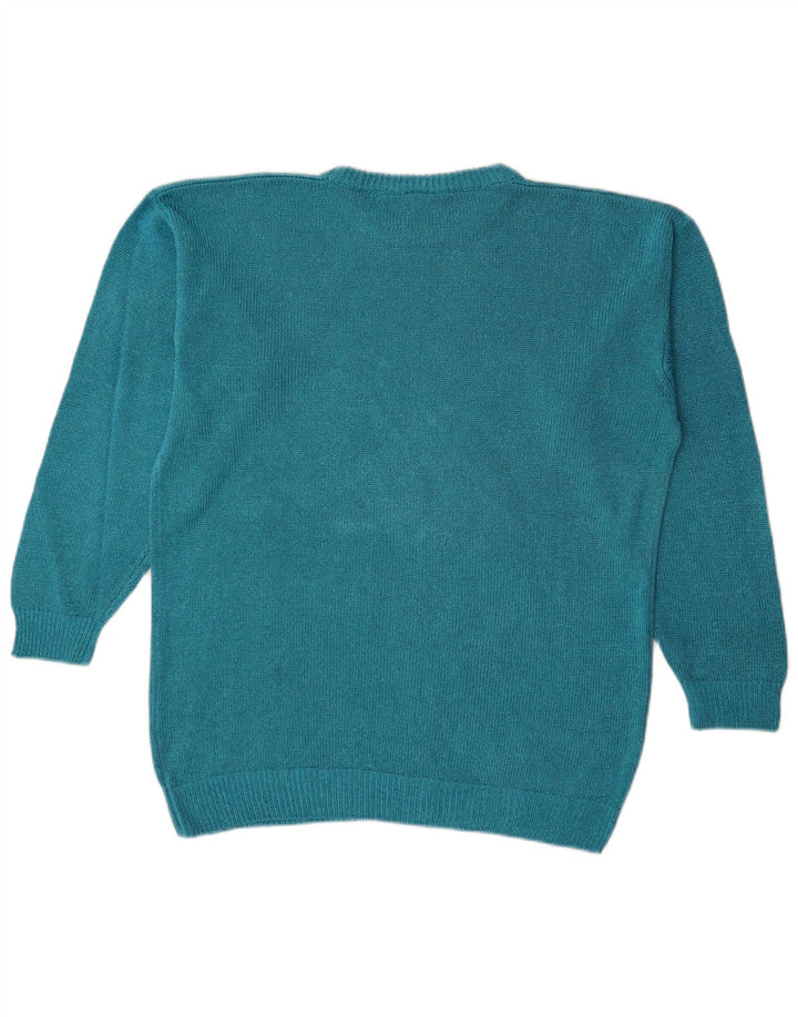 Vintage Kvinders Grafisk Oversized Boat Neck Jumper Sweater UK 14 Medium Blue