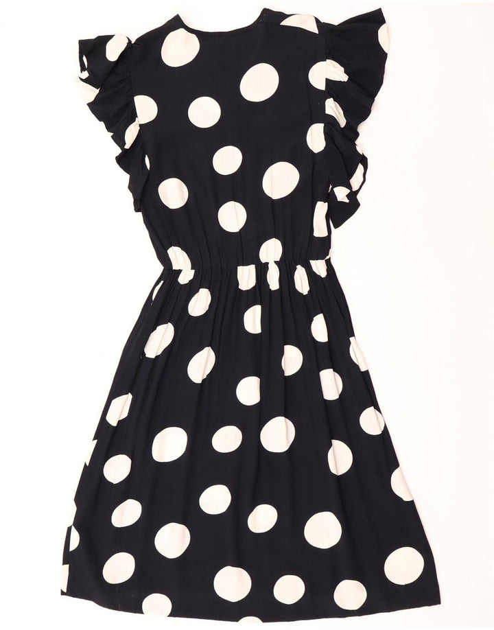 Vintage Dame A-Line Kjole UK 12 Medium Black Polka Dot