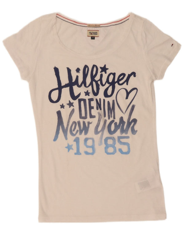 Tommy Hilfiger Dame Grafisk T-Shirt Top UK 6 XS Hvid Bomuld