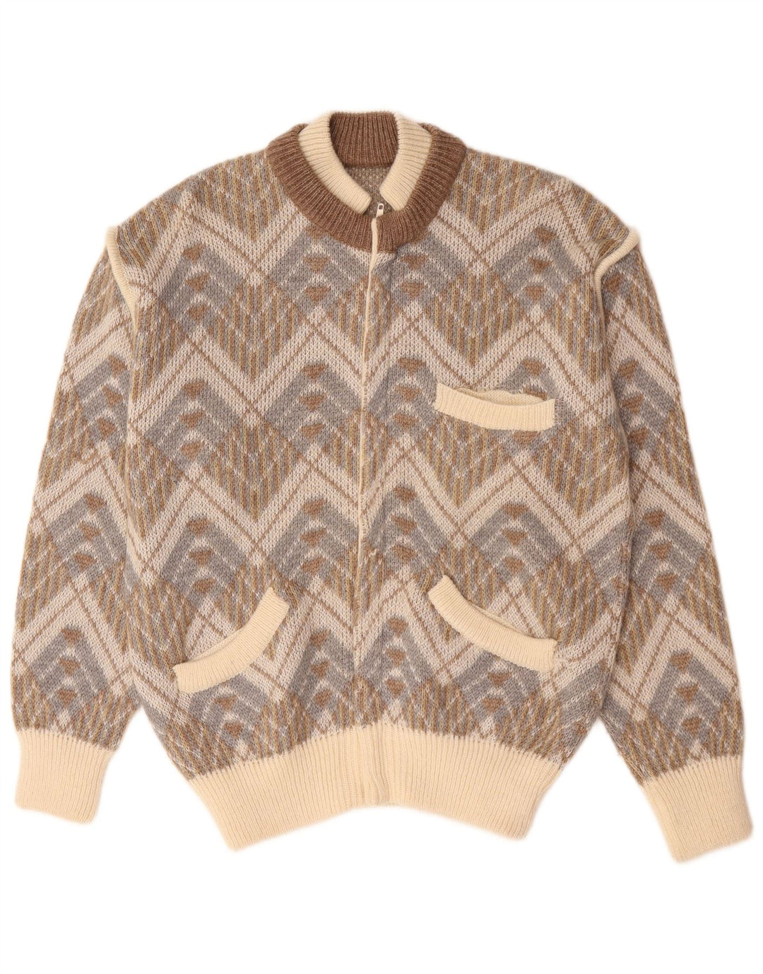 Vintage herre cardigan sweater stor beige geometrisk