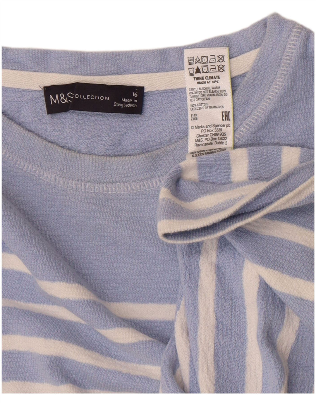 Marks & Spencer Dame Top Langærmet UK 16 Stor Blå Stribet Bomuld