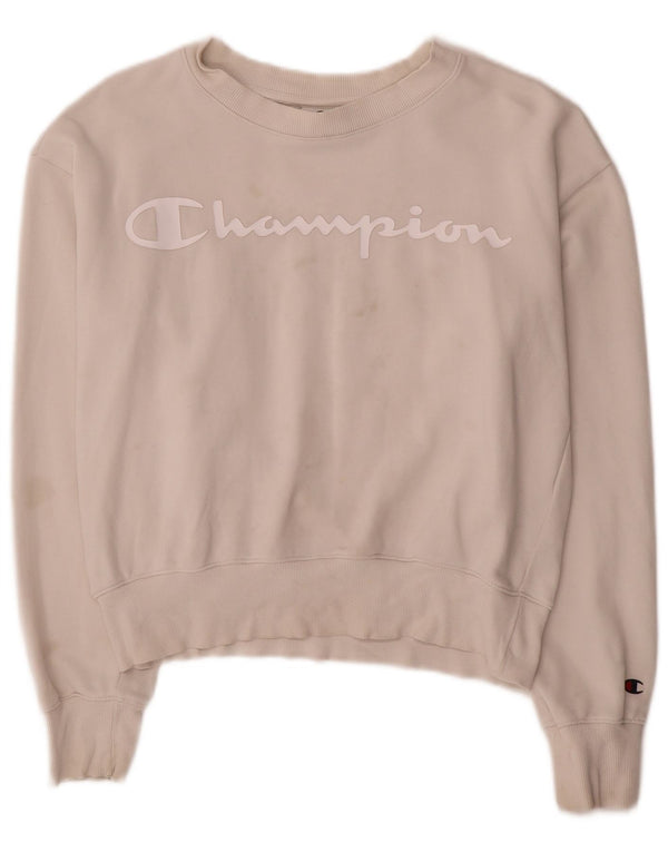 Champion Dame Grafisk Sweatshirt Jumper UK 14 Medium Hvid Bomuld